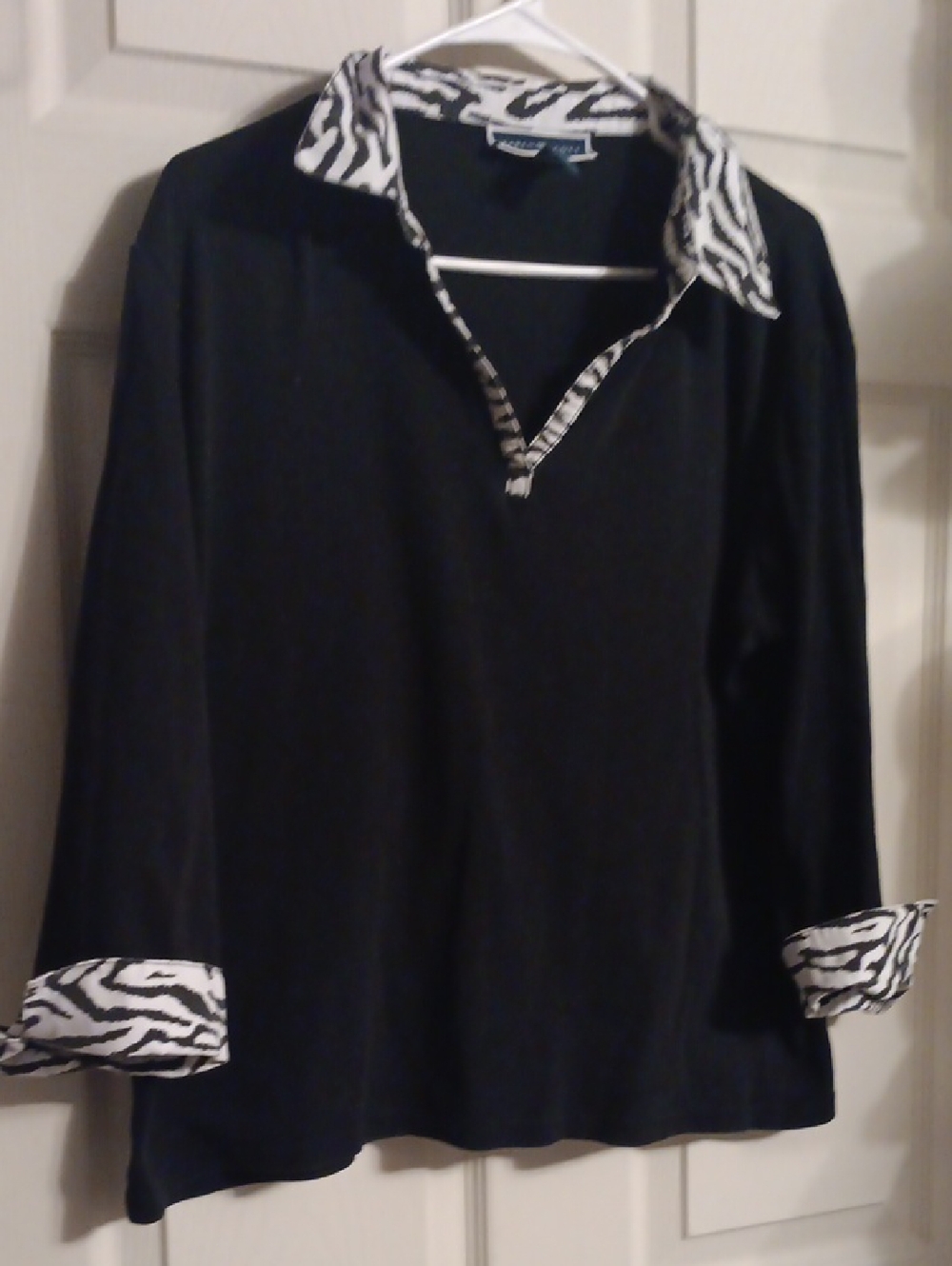 Karen Scott Black Top with Zebra-Print Trim